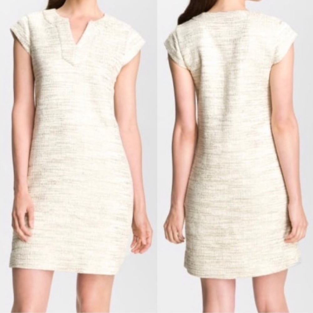 Kate Spade Champagne & Ivory Tweed Helene Split Neck Shift Dress